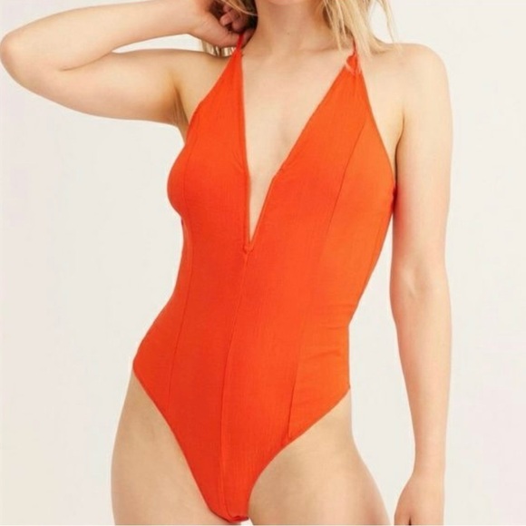 FREE PEOPLE Intimately V-Neck Wire Front Low Back Bodysuit Red NWT Size Large - Picture 1 of 12
